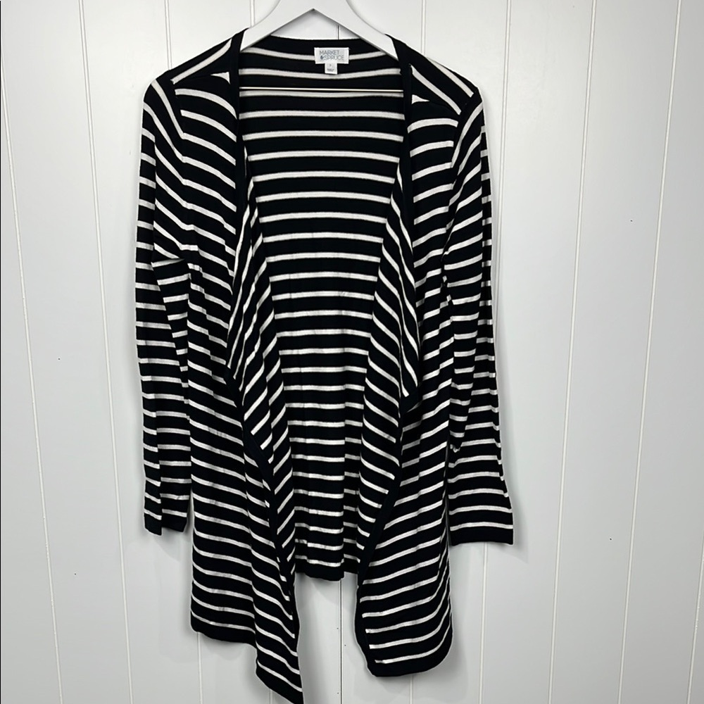 Market & Spruce Womens Cardigan L Navy & White Open Waterfall Front Stripes New